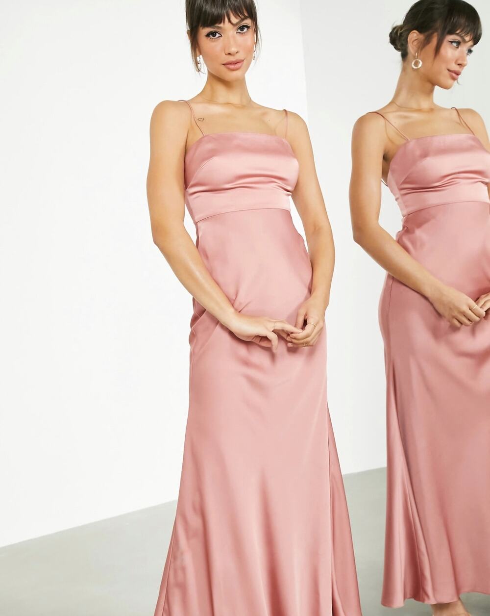 ASOS DESIGN Bridesmaid satin square neck maxi dress with tie back in dusky rose